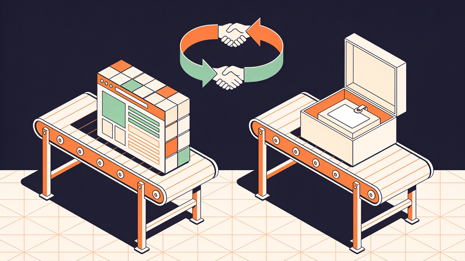 Isometric illustration of a parcel passing between two workbenches, one carrying the other's badge