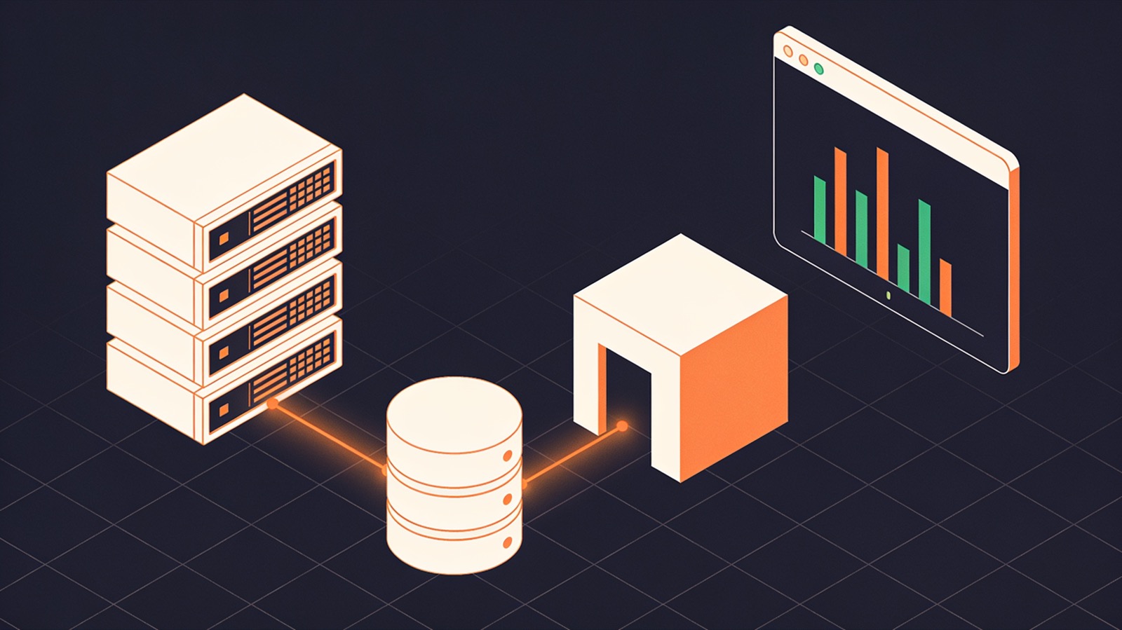 Isometric illustration of server racks, database cylinders and an API gateway connected by glowing lines