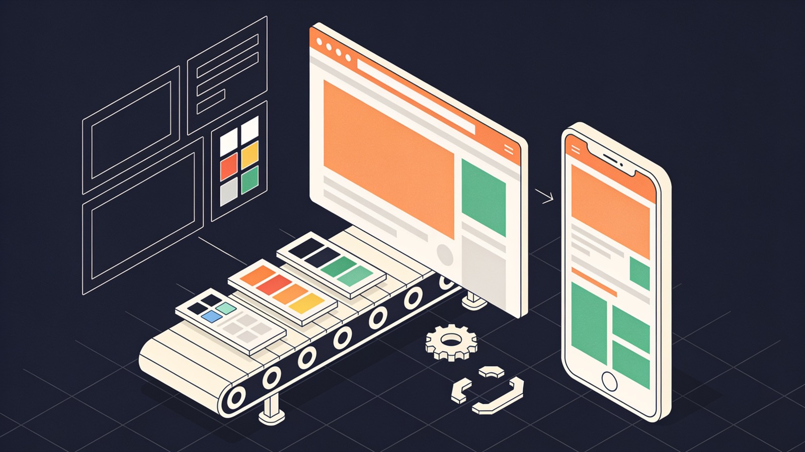 Isometric illustration of design frames turning into browser and phone screens along a conveyor