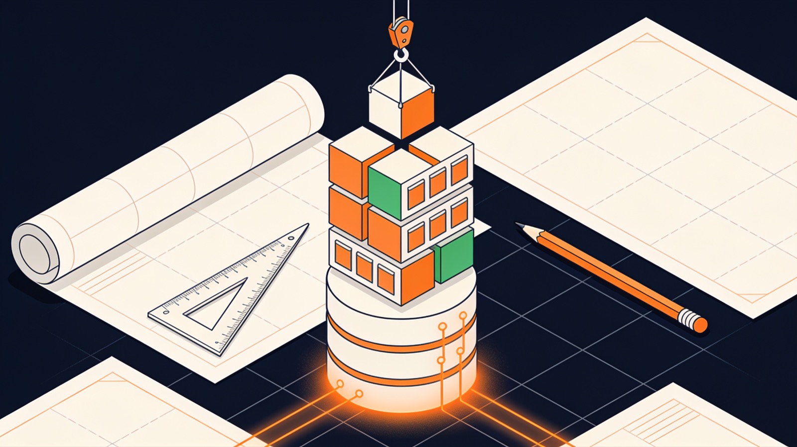 Isometric illustration of blueprint sheets, building blocks assembling into an application and a set square