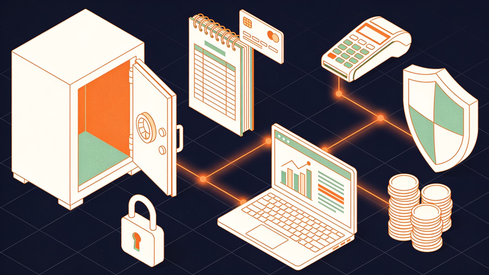 Isometric illustration of a vault door, ledger, card terminal, coins, a balance chart and a shield
