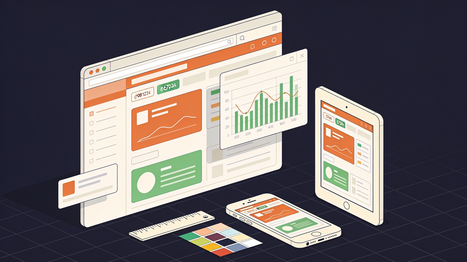 Isometric illustration of a browser window with interface panels, a tablet and a phone showing the same layout
