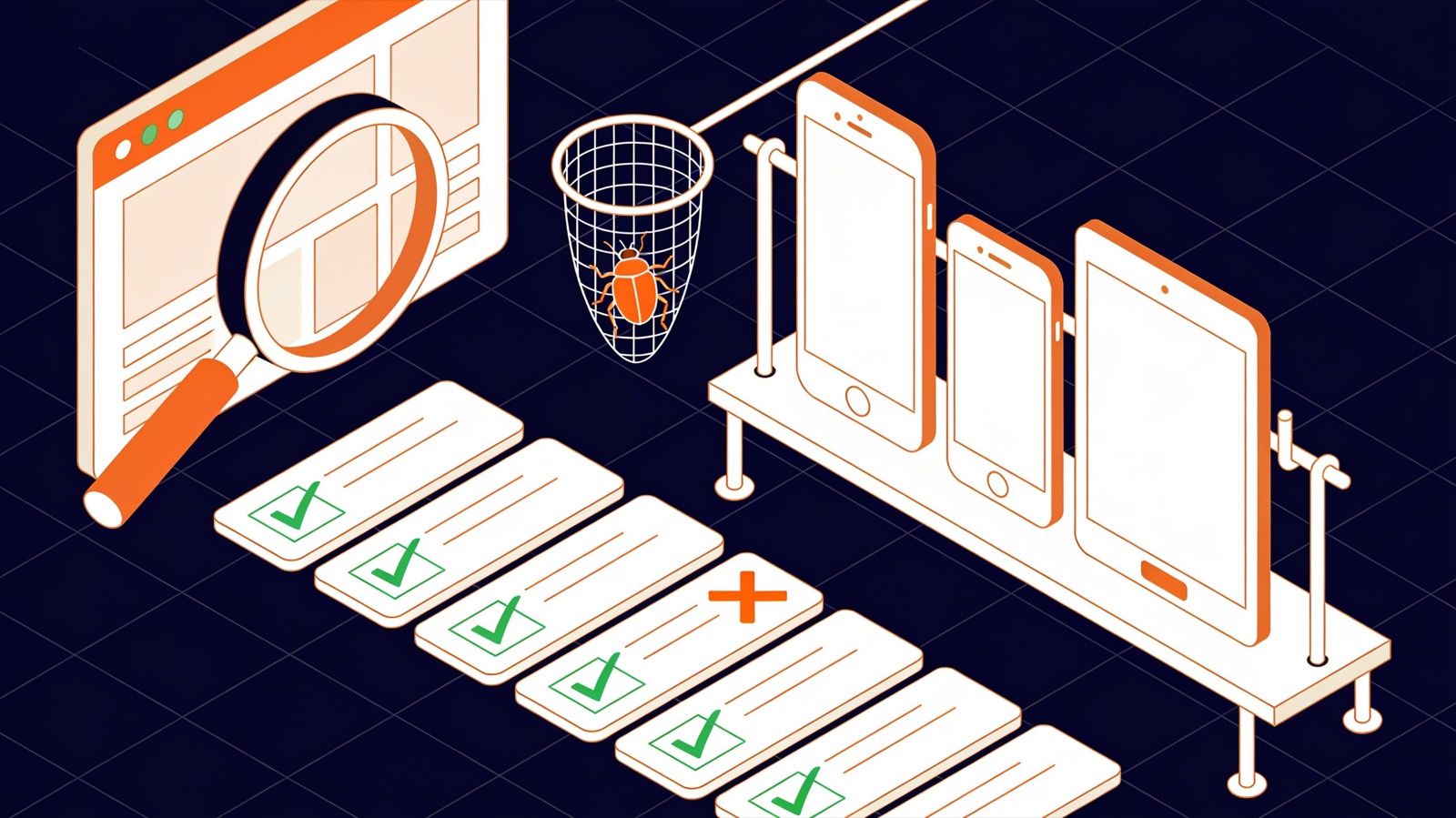 Isometric illustration of a magnifying glass over a browser, a checklist with ticks and one cross, and a rack of test devices