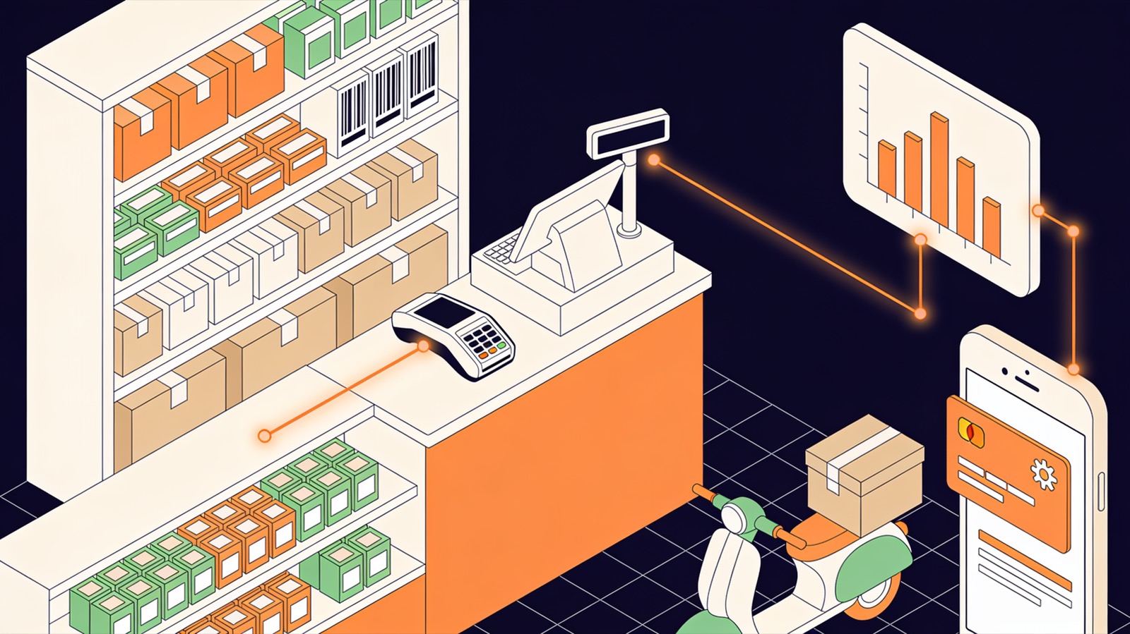 Isometric illustration of shop shelves, a barcode scanner, a till, a delivery box and a stock chart