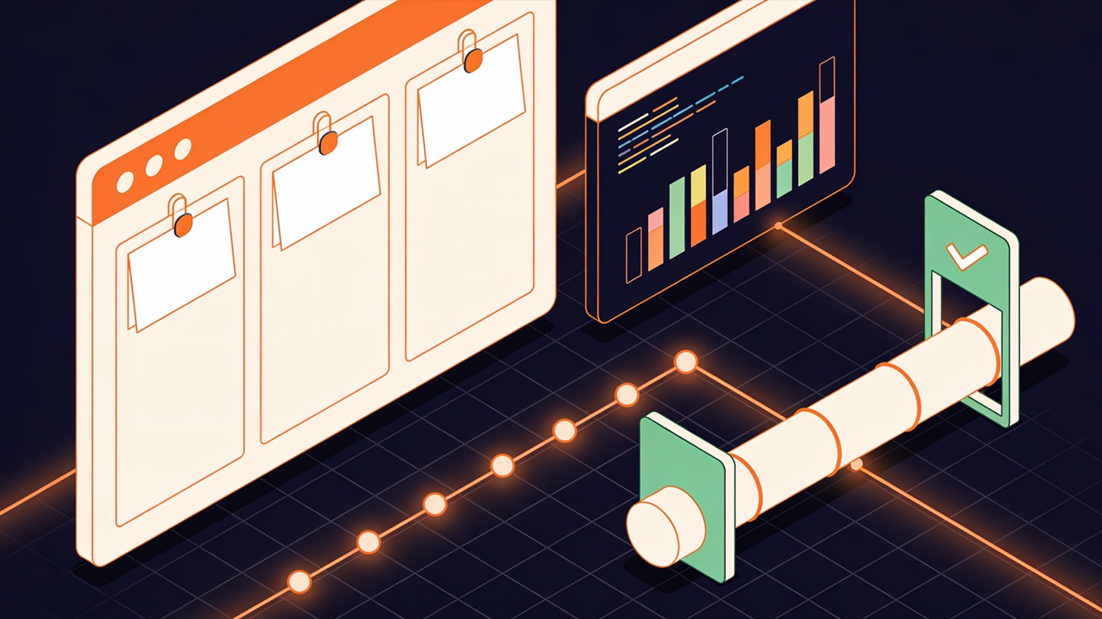 Isometric illustration of product roadmap cards, a code window, a release pipeline and a team board