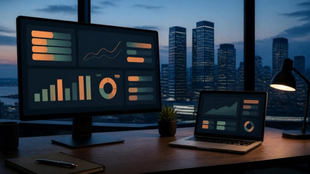 Illustration: office desk with a business dashboard and a city view at dusk (AI-generated)