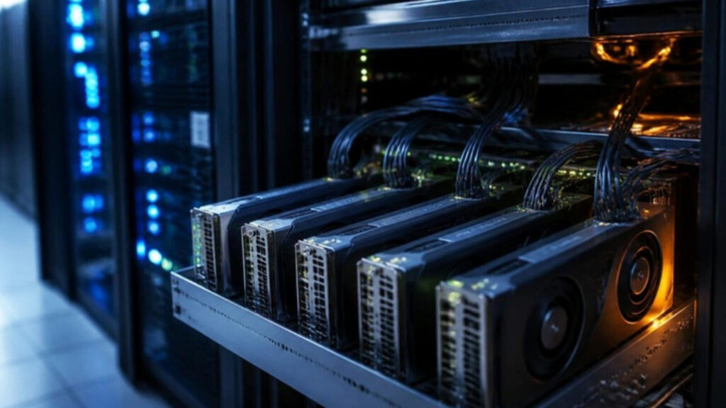 Illustration: a server with graphics accelerator cards in a data centre (AI-generated)