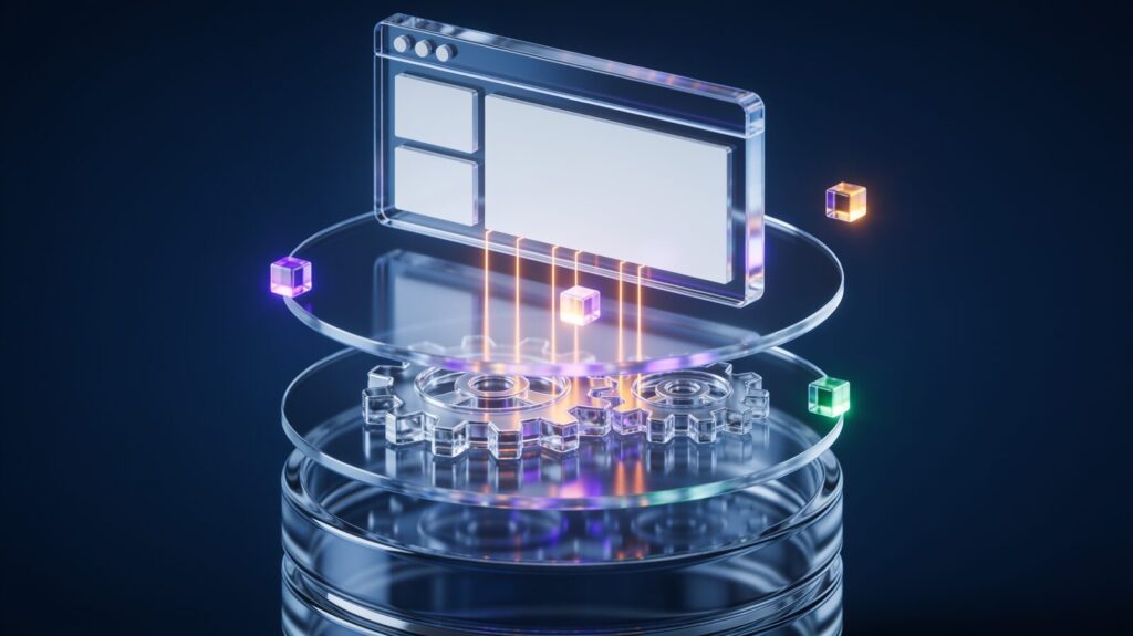 Illustration: a layered application stack — database, logic and a browser window (AI-generated)
