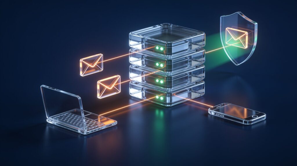 Illustration: envelopes travelling from a server to a laptop and phone, one through a shield (AI-generated)