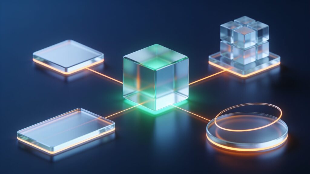 Illustration: four platforms linked to one centre, for four ways of working together (AI-generated)