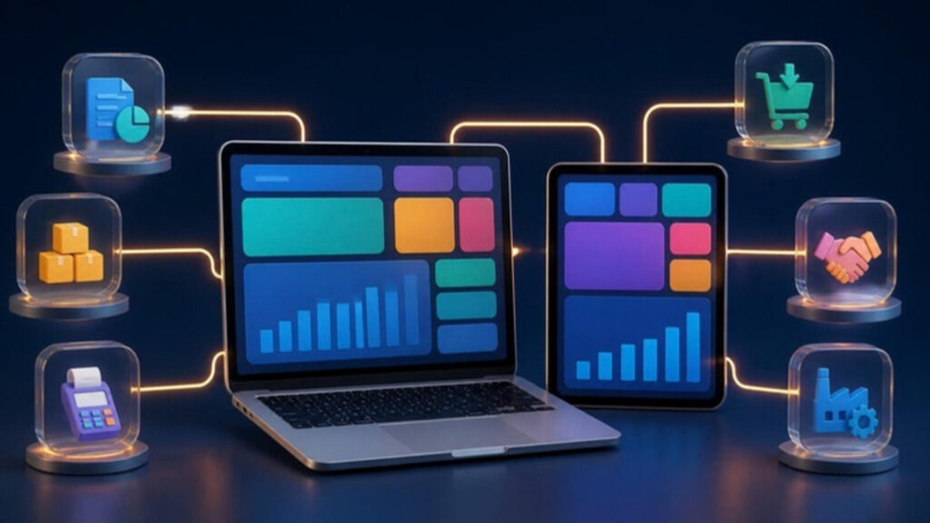 Illustration: connected business modules on screens (AI-generated)
