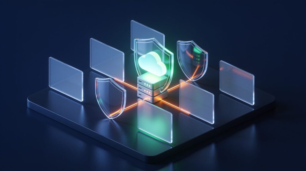 Illustration: glass shields around a server and cloud, for rules that protect data (AI-generated)