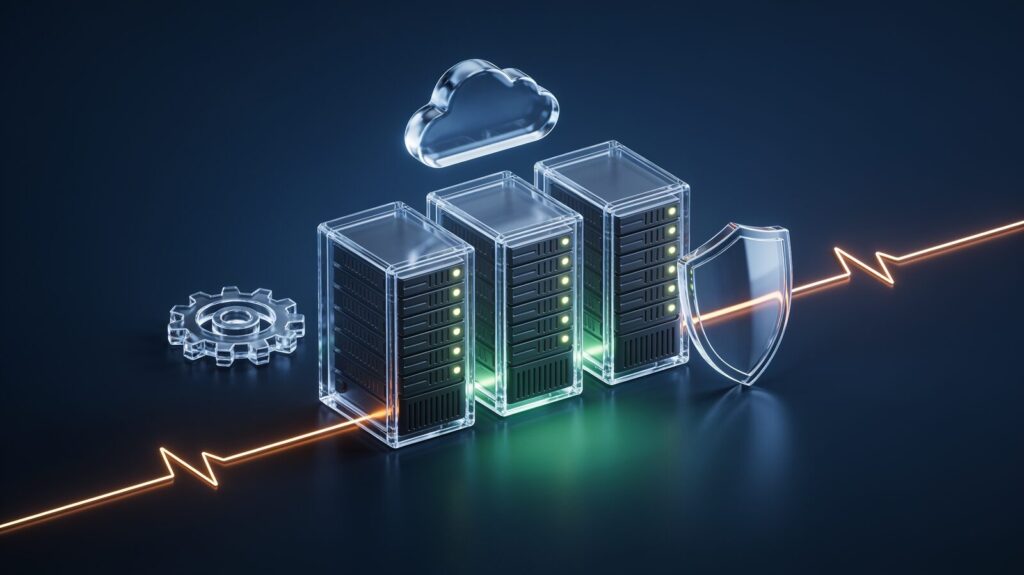 Illustration: server racks with a monitoring pulse, a cloud, a gear and a shield (AI-generated)